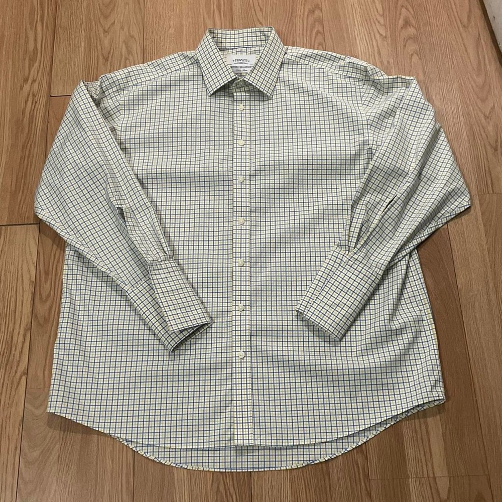 Charles Tyrwhitt Mens 18x35 Long Sleeve Button Up Shirt French Cuff Yellow Plaid
